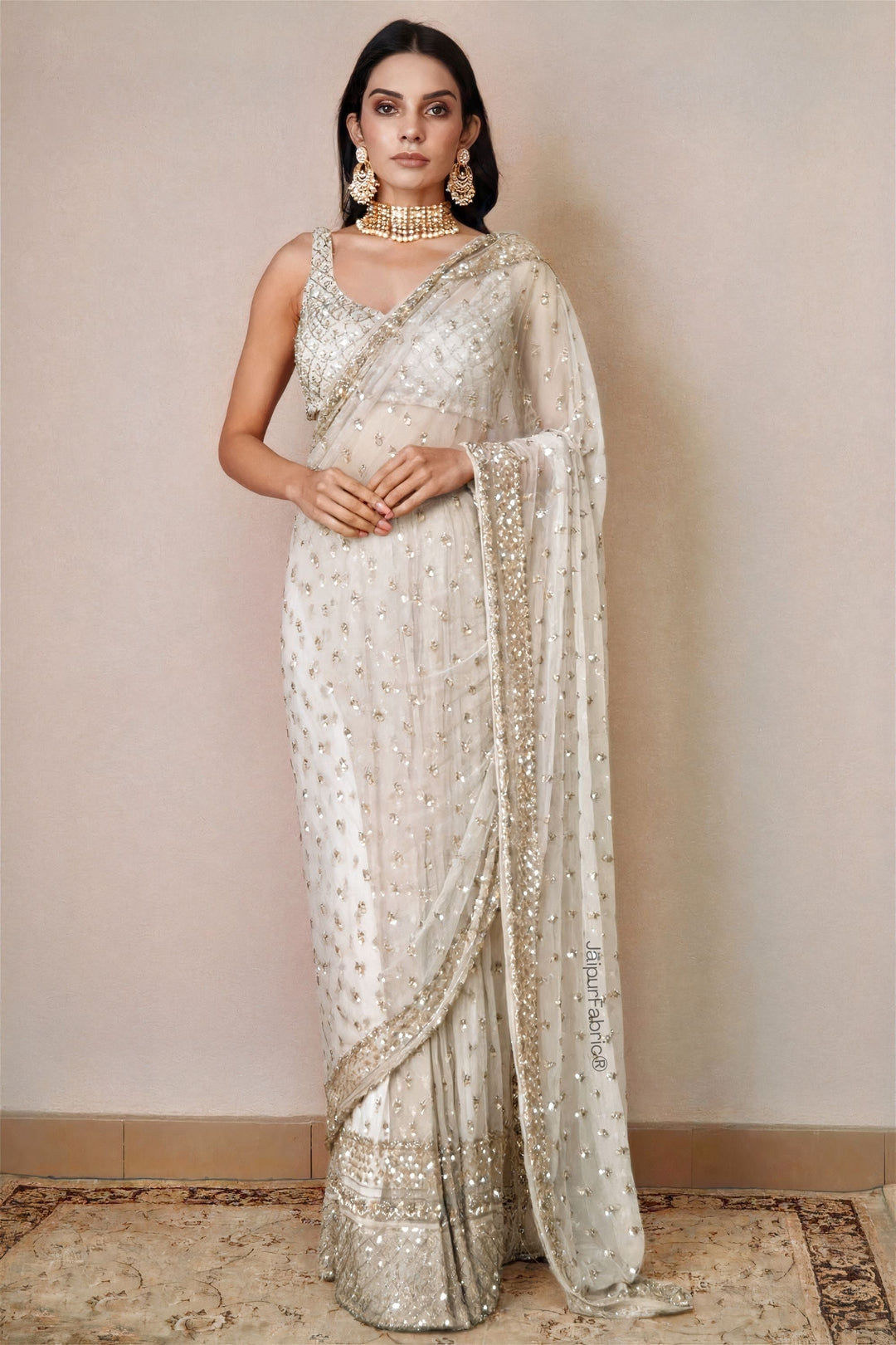 Hand Embroidered Net Saree in Off White