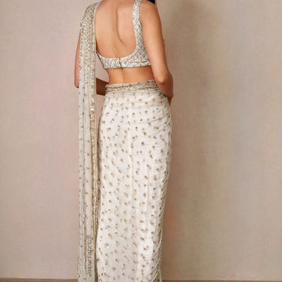 Hand Embroidered Net Saree in Off White