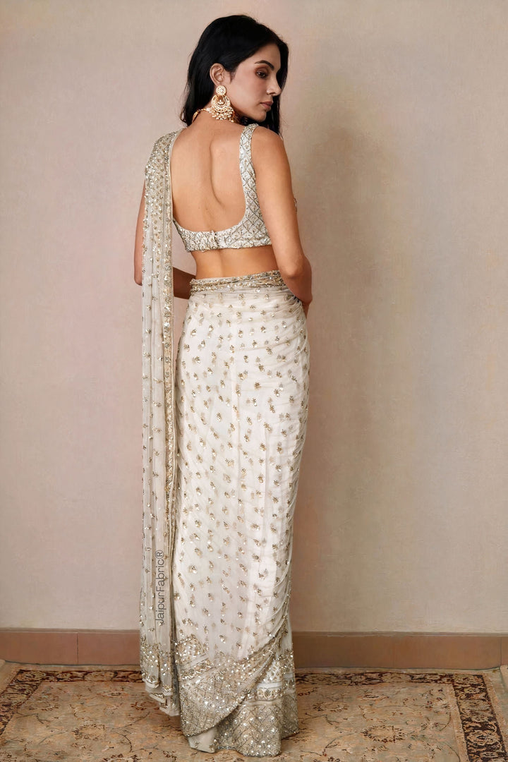 Hand Embroidered Net Saree in Off White