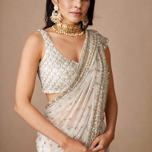 Hand Embroidered Net Saree in Off White