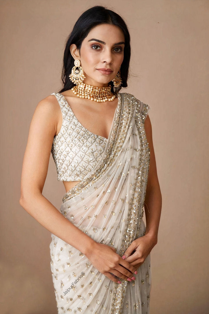 Hand Embroidered Net Saree in Off White