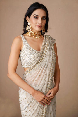 Hand Embroidered Net Saree in Off White