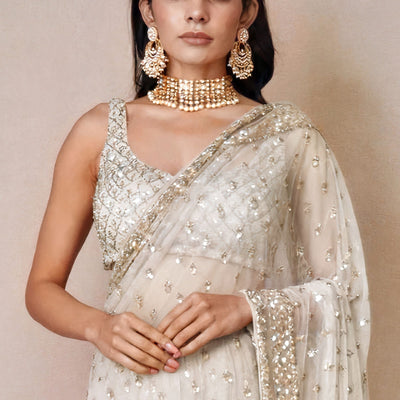 Hand Embroidered Net Saree in Off White