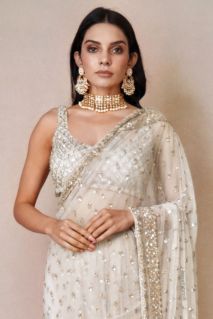 Hand Embroidered Net Saree in Off White