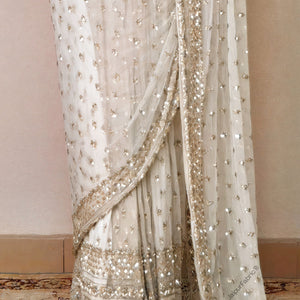Hand Embroidered Net Saree in Off White