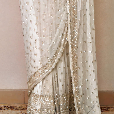 Hand Embroidered Net Saree in Off White