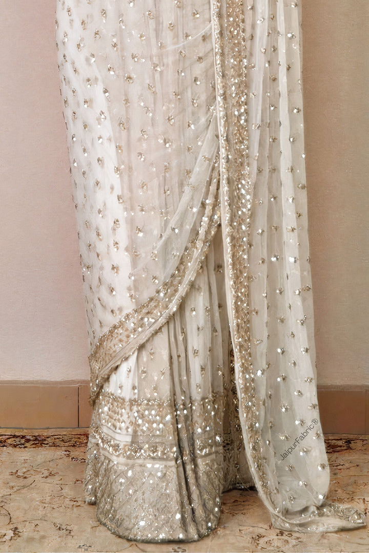 Hand Embroidered Net Saree in Off White