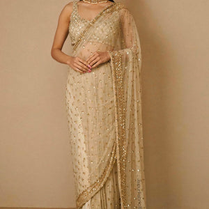 Beige Sequins Embellished Net Saree