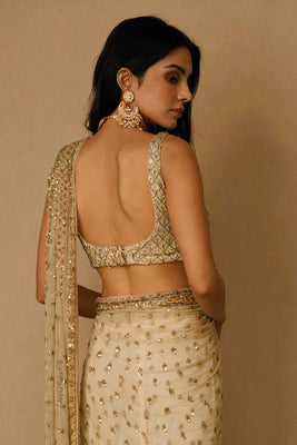 Beige Sequins Embellished Net Saree