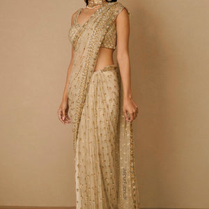 Beige Sequins Embellished Net Saree