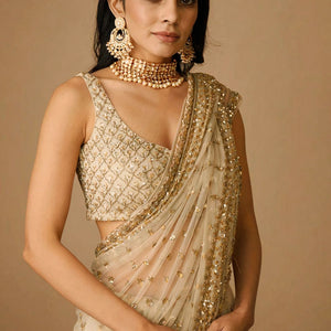 Beige Sequins Embellished Net Saree
