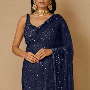 Navy Blue Sequins Embellished Net Saree
