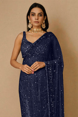 Navy Blue Sequins Embellished Net Saree