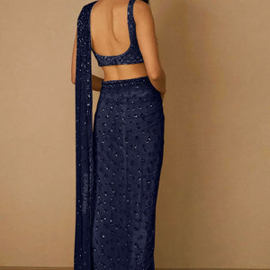 Navy Blue Sequins Embellished Net Saree