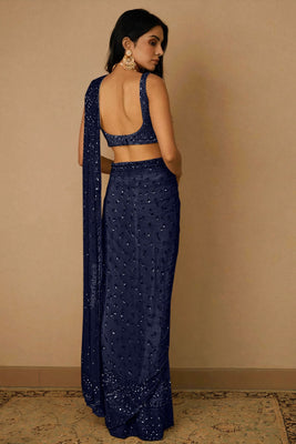 Navy Blue Sequins Embellished Net Saree