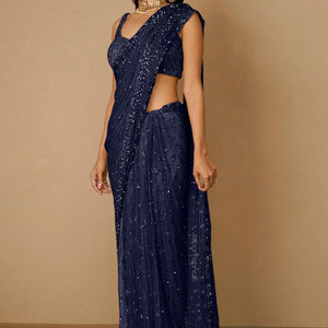 Navy Blue Sequins Embellished Net Saree