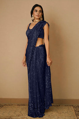 Navy Blue Sequins Embellished Net Saree