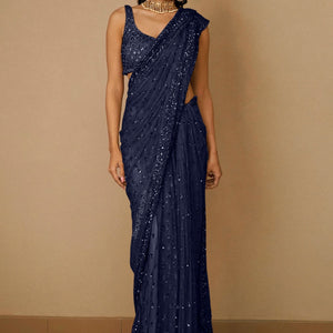 Navy Blue Sequins Embellished Net Saree