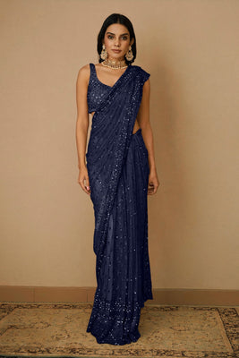 Navy Blue Sequins Embellished Net Saree