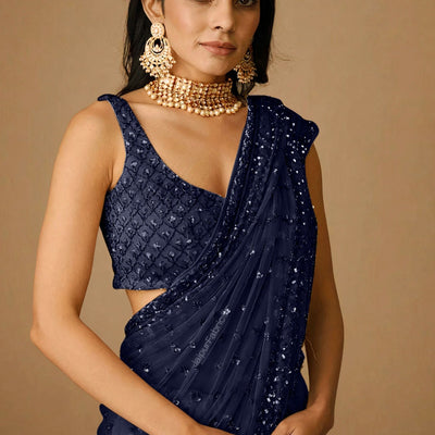 Navy Blue Sequins Embellished Net Saree