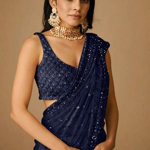 Navy Blue Sequins Embellished Net Saree