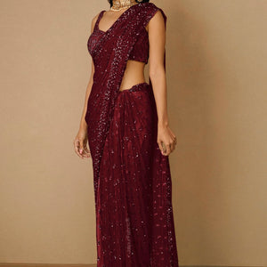 Embroidered Net Saree in Maroon