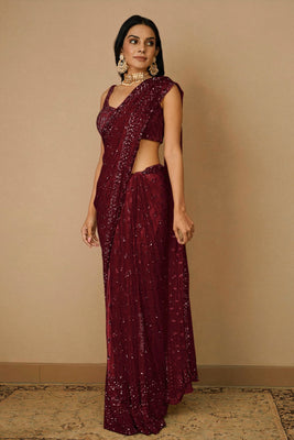 Embroidered Net Saree in Maroon