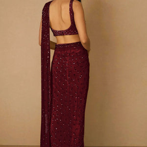 Embroidered Net Saree in Maroon