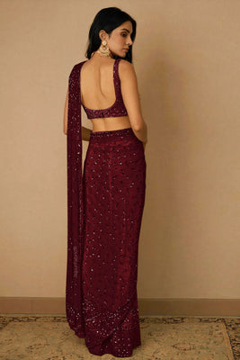 Embroidered Net Saree in Maroon