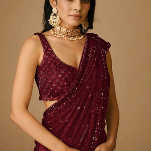 Embroidered Net Saree in Maroon