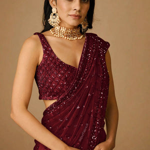 Embroidered Net Saree in Maroon