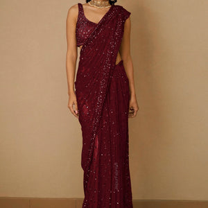 Embroidered Net Saree in Maroon