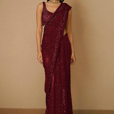 Embroidered Net Saree in Maroon