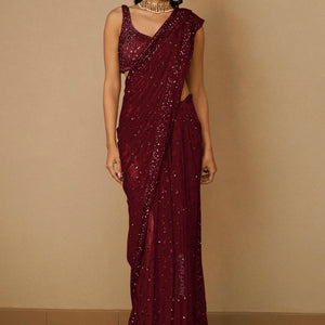 Embroidered Net Saree in Maroon