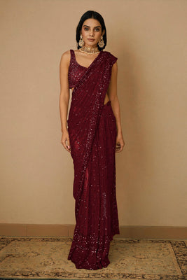Embroidered Net Saree in Maroon