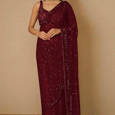 Embroidered Net Saree in Maroon