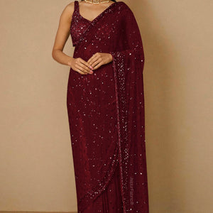 Embroidered Net Saree in Maroon
