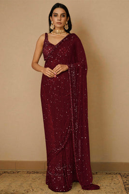 Embroidered Net Saree in Maroon