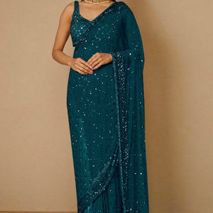 Blue Sequins Embellished Saree In Net