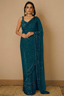 Blue Sequins Embellished Saree In Net