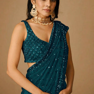 Blue Sequins Embellished Saree In Net