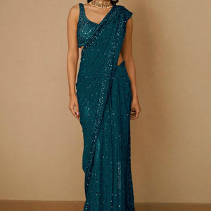 Blue Sequins Embellished Saree In Net
