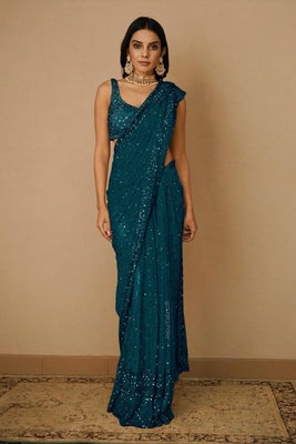 Blue Sequins Embellished Saree In Net