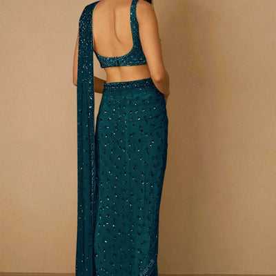 Blue Sequins Embellished Saree In Net