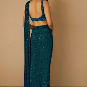 Blue Sequins Embellished Saree In Net