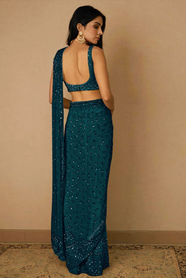 Blue Sequins Embellished Saree In Net