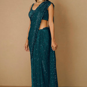 Blue Sequins Embellished Saree In Net