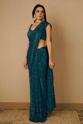 Blue Sequins Embellished Saree In Net