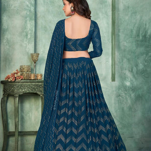 Foil Printed Georgette Lehenga in Navy Blue