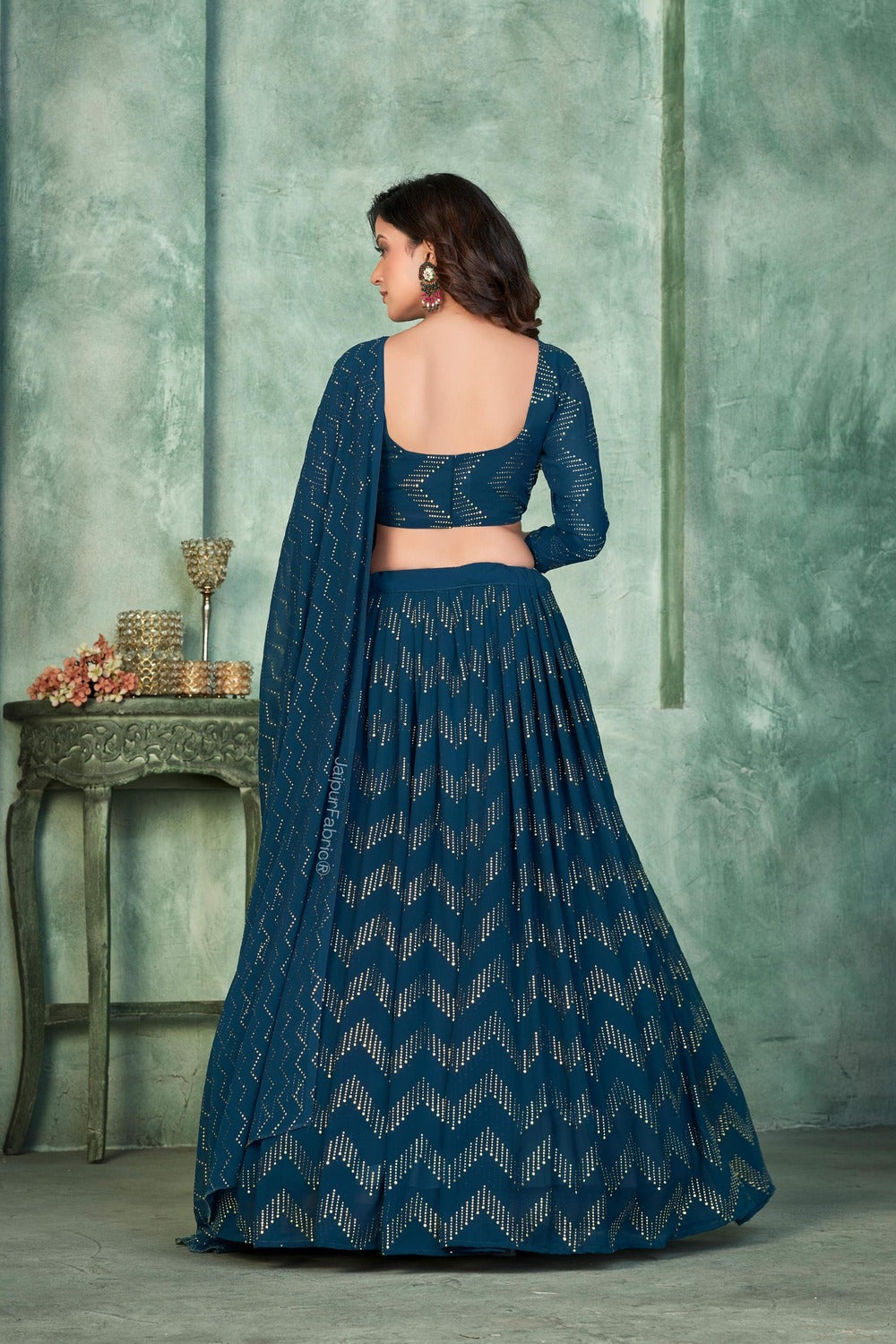 Foil Printed Georgette Lehenga in Navy Blue